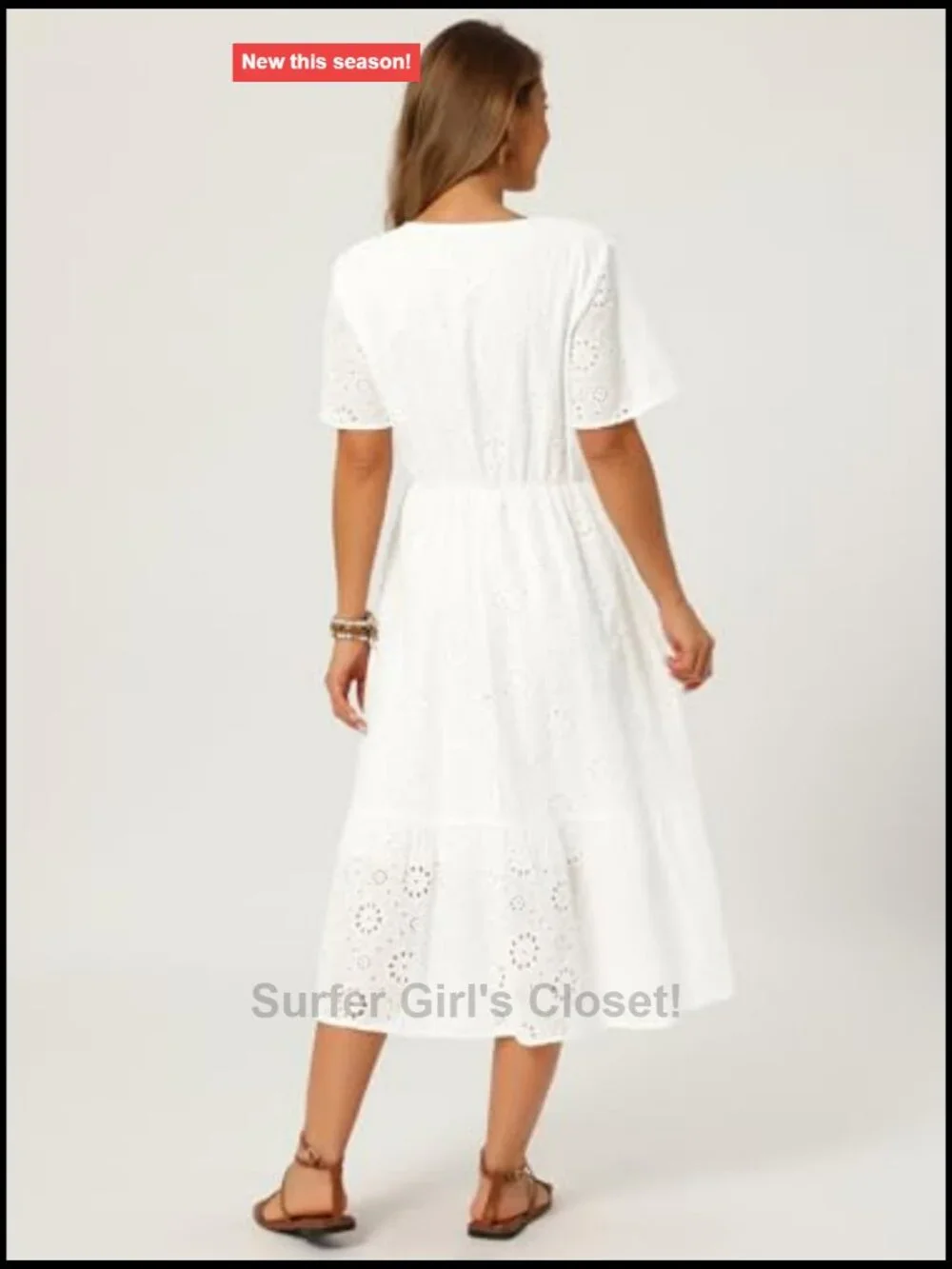 Women's Eyelet Lace Midi Sundress Short Sleeve A-Line Flowy Beach Dress